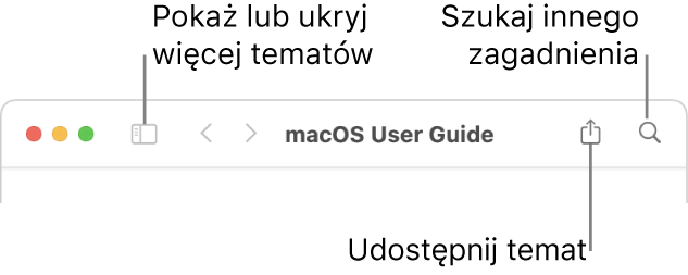 Okno pomocy, zawierające przyciski na pasku narzędzi. Pierwszy z nich pozwala ukryć lub pokazać spis treści, drugi z nich pozwala udostępnić bieżący temat. Dalej znajduje się pole wyszukiwania, pozwalające na szukanie tematów.