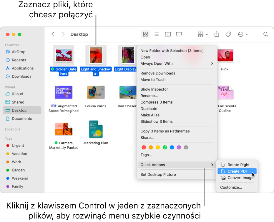 Okno Findera zawierające pliki i foldery. Trzy pliki są zaznaczone, a w menu szybkich czynności wyróżnione jest polecenie Utwórz PDF.