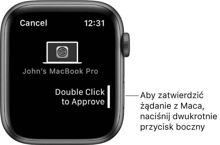 Apple Watch wyświetlający prośbę i zatwierdzenie z MacBooka Pro.
