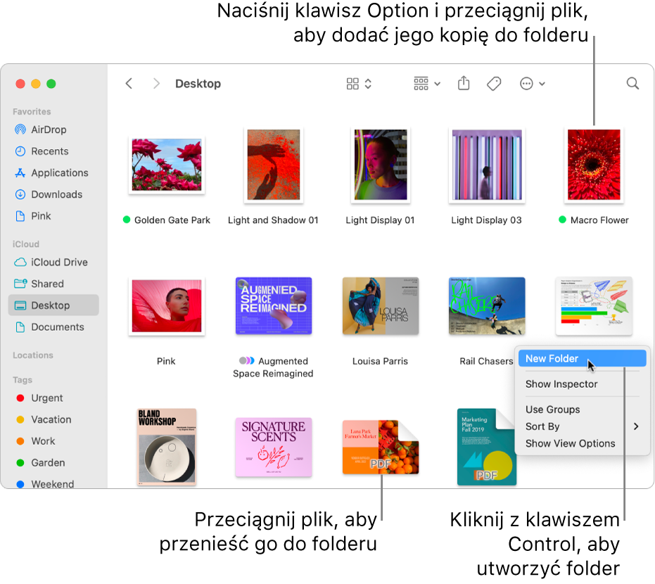 Okno Findera zawierające pliki i foldery. W menu podręcznym wyróżnione jest polecenie Nowy folder.