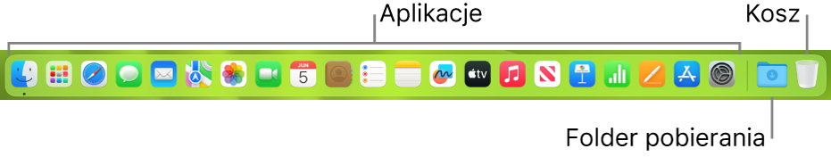 Dock zawierający ikony aplikacji, stos Pobrane rzeczy oraz Kosz.