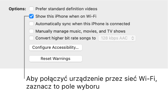 Opcje synchronizacji dotyczące ręcznego zarządzania zawartością.