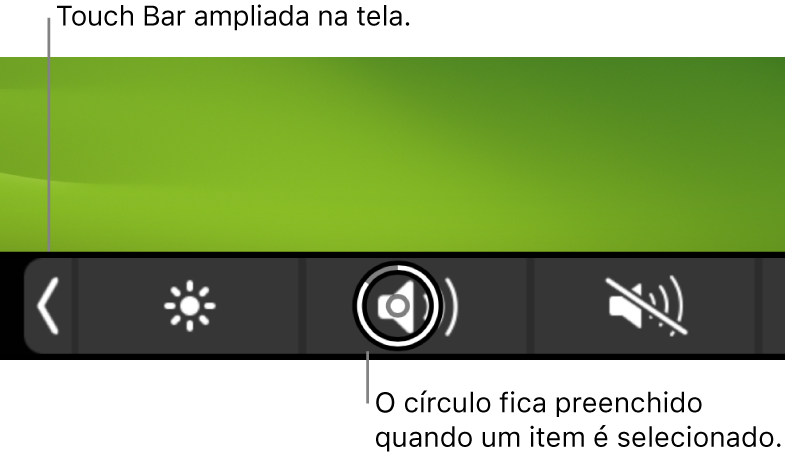 Touch Bar ampliada na parte inferior da tela; o círculo sobre um botão é preenchido quando o botão é selecionado.