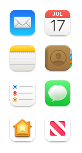 Ícones dos apps Mail, Calendário, Notas, Contatos, Lembretes, Mensagens, Casa e News