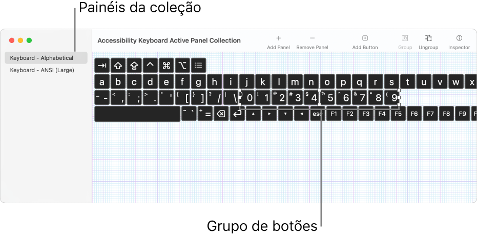 Parte de uma janela de coleção de painéis mostrando uma lista de painéis de teclado à esquerda e, à direita, botões e grupos contidos em um painel.