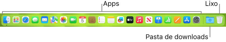 Dock mostrando ícones de aplicativos, o conjunto Transferências e o Lixo.