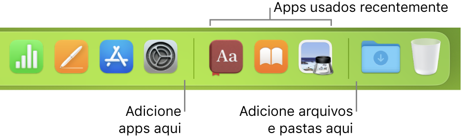 A extremidade direita do Dock mostrando as linhas de separação antes e depois da seção de apps usados recentemente.