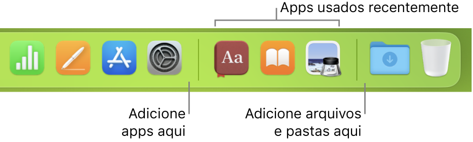 Uma parte do Dock mostrando as linhas de separação entre apps, apps usados recentemente e arquivos e pastas.