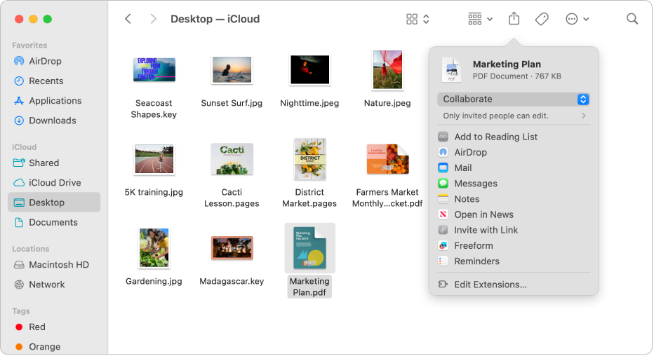 Uma janela do Finder com ficheiros e pastas. No menu pop‑up Partilhar, a opção “Colaborar” está selecionada.