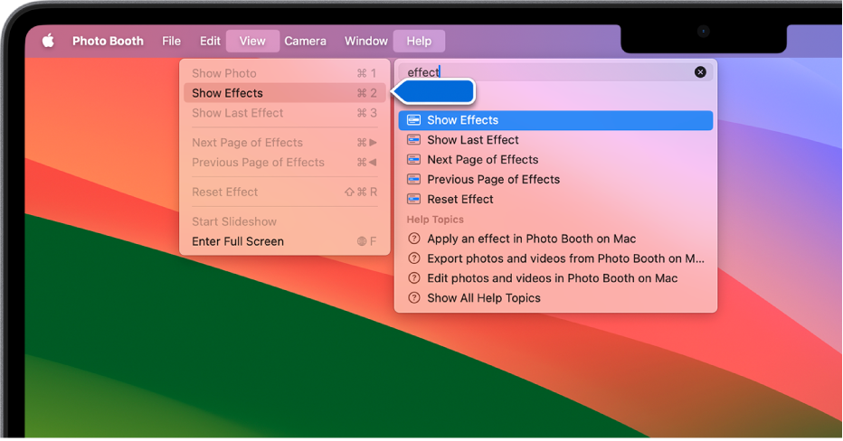 O menu Ajuda do Photo Booth com um resultado de pesquisa para um elemento de menu selecionado e uma seta a apontar para o elemento nos menus da aplicação.