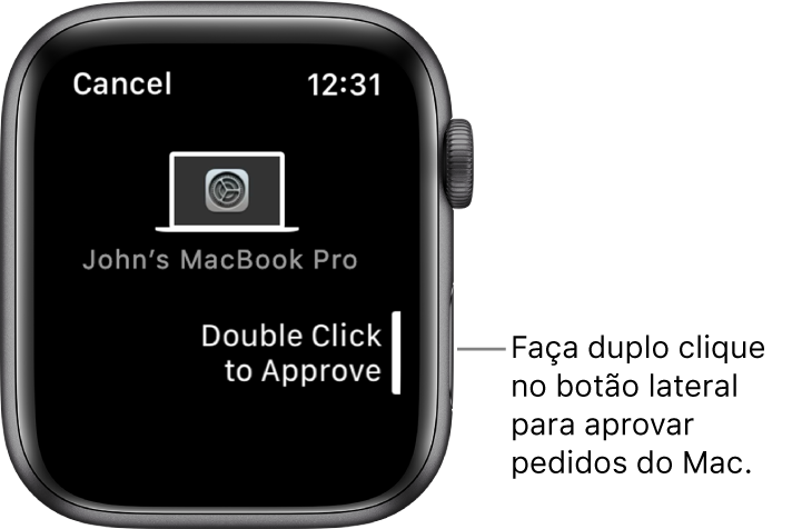Um Apple Watch a mostrar um pedido de autorização de um MacBook Pro.