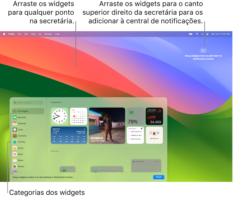 A galeria de widgets, que mostra a lista de categorias de widgets à esquerda e os widgets disponíveis à direita.