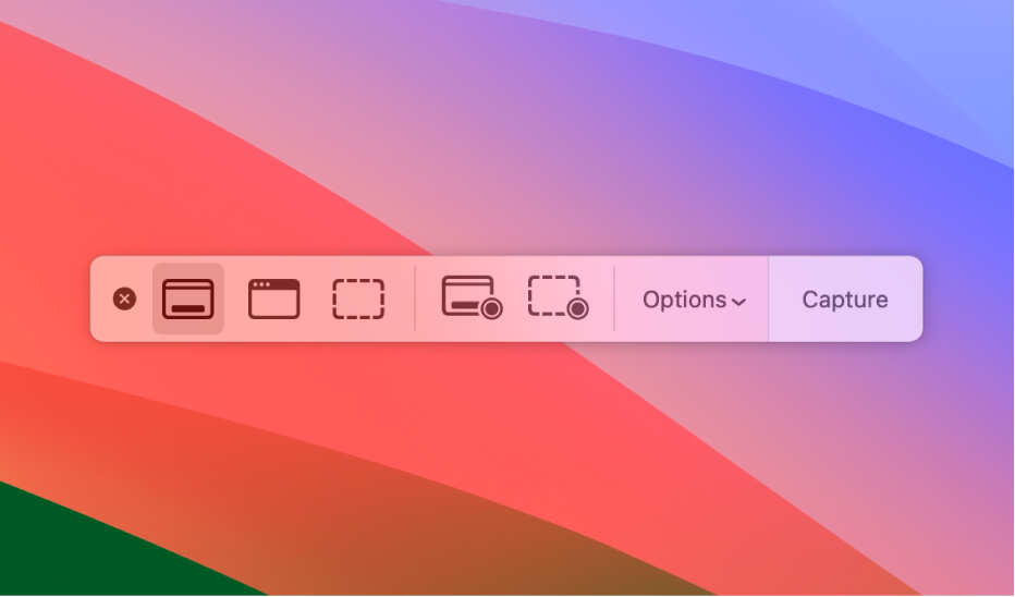 O painel da aplicação Captura de Ecrã, a mostrar ícones que pode usar para selecionar uma área no ecrã para captura, o botão “Opções” e o botão “Capturar”.