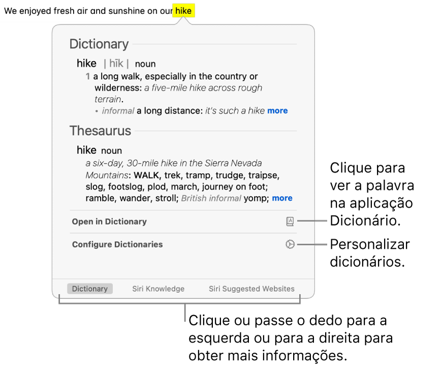 A janela Procurar a mostrar as definições do Dicionário e Thesaurus para uma palavra.
