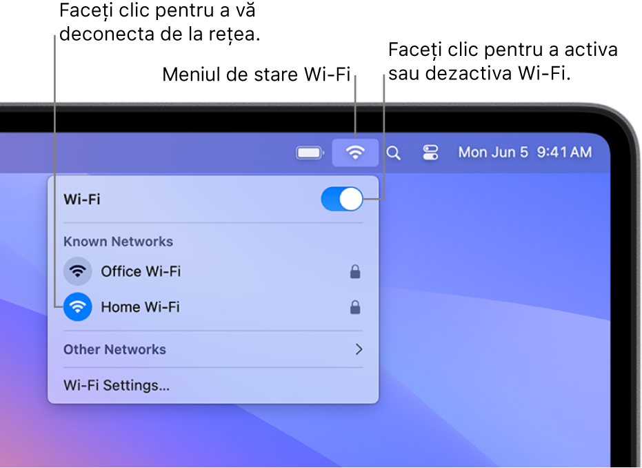Meniul de stare Wi‑Fi prezentând butonul de activare/dezactivare Wi‑Fi, un hotspot personal și rețelele cunoscute.