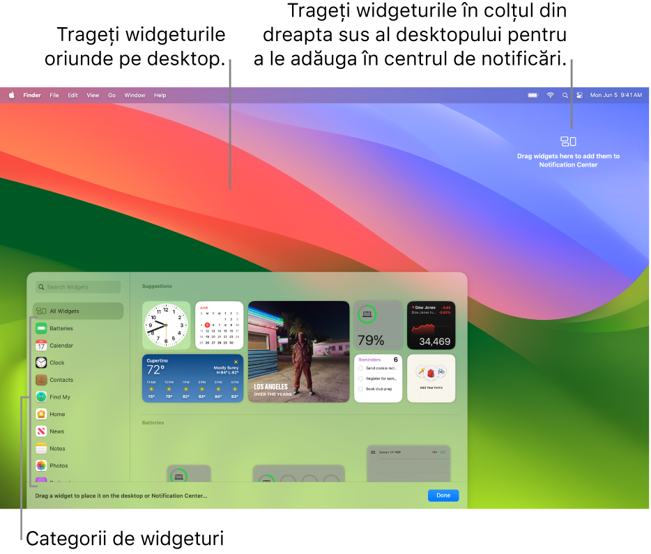 Galeria de widgeturi afișând lista de categorii de widgeturi în stânga și widgeturile disponibile în dreapta.