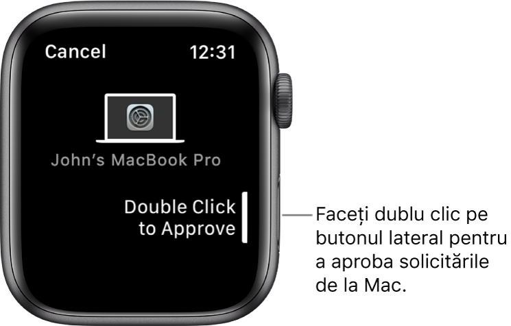 Apple Watch afișând o solicitare de aprobare de pe un MacBook Pro.
