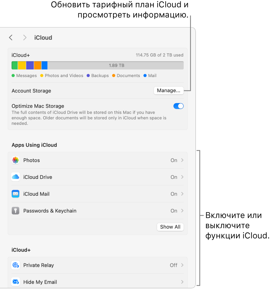 Настройки iCloud, в которых включены все функции.