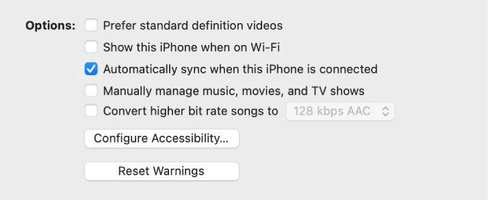 Параметры синхронизации. Установлен флажок «Синхронизировать автоматически, если [iPhone, iPad или iPod] подключен».