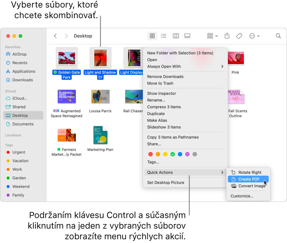 Okno Finder obsahujúce súbory a priečinky. Sú označené tri súbory a v menu Rýchle akcie je zvýraznená možnosť Vytvoriť PDF.