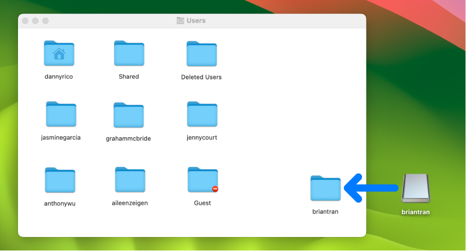 Priečinok Užívatelia otvorený vo Finderi zobrazujúci užívateľské účty. Na pravej strane je obraz disku vymazaného užívateľského účtu a šípka ukazujúca, že obraz disku môžete potiahnuť do priečinka Užívatelia, čím obnovíte vymazaný užívateľský účet.