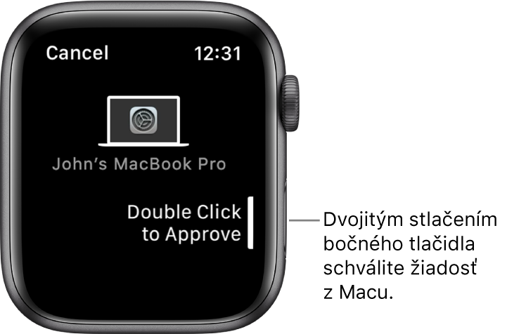 Hodinky Apple Watch zobrazujúce žiadosť o schválenie z MacBooku Pro.