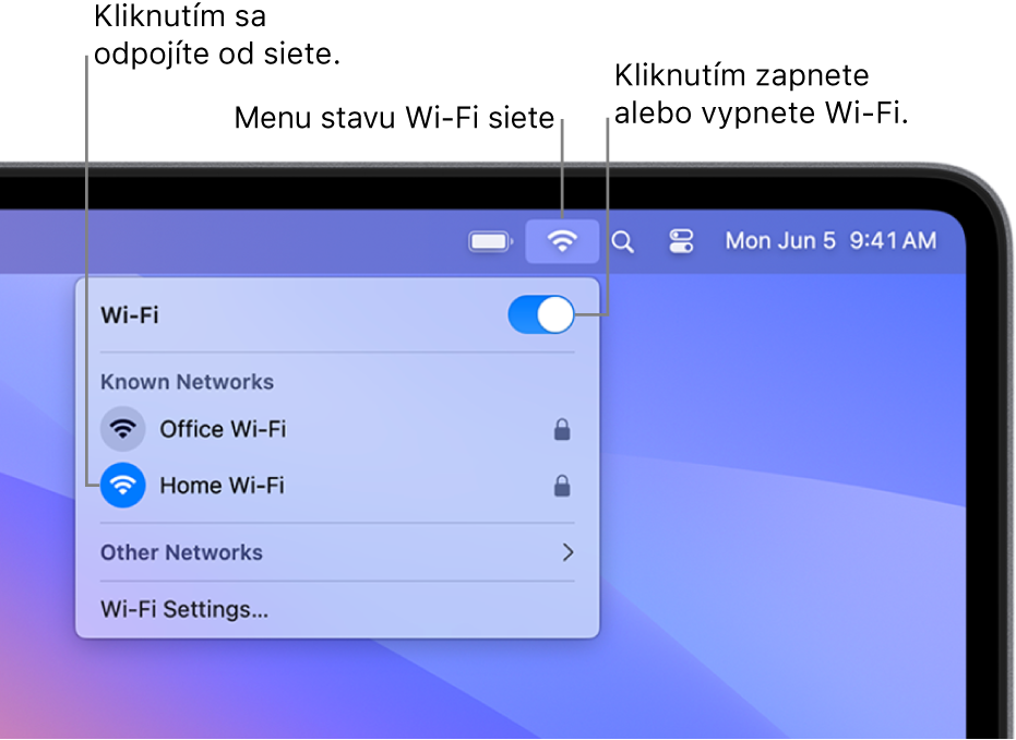 Stavové menu Wi-Fi zobrazujúce tlačidlo na zapnutie alebo vypnutie Wi-Fi, osobný hotspot a známe siete.