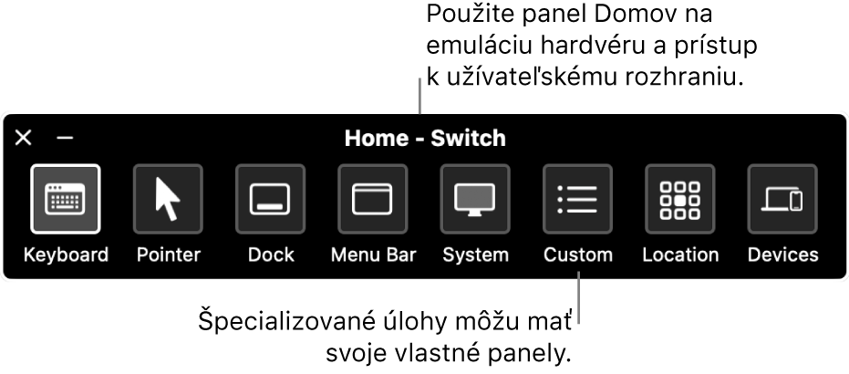 Domovský panel Switch Control obsahujúci (zľava doprava) tlačidlá na ovládanie klávesnice, kurzora, Docku, lišty, systémového ovládania, vlastných panelov, umiestnenia obrazovky a ostatných zariadení.