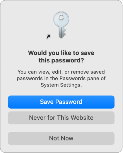 En dialogruta visas med en fråga om du vill spara lösenordet för en webbplats.