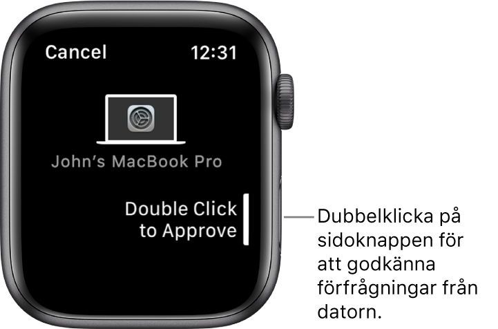 Apple Watch visar en förfrågan om godkännande från en MacBook Pro.