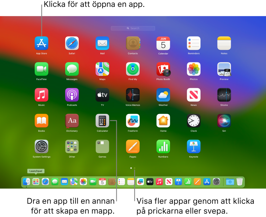 Launchpad med appar du kan öppna.