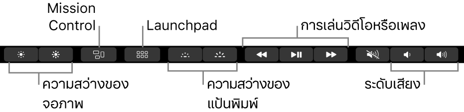 Control Strip ที่ขยายอยู่จะมีปุ่มต่างๆ เรียงจากซ้ายไปขวาดังนี้ ความสว่างจอภาพ, Mission Control, Launchpad, ความสว่างแป้นพิมพ์, การเล่นวิดีโอหรือเพลง และระดับเสียง
