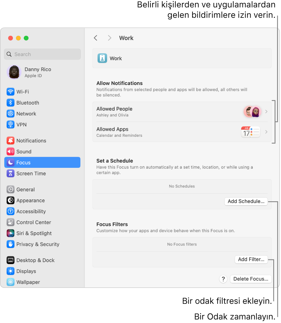 İş Odağı için ayarları gösteren Odak ayarları. En üstte, İş Odağı etkinken bildirimlerine izin verilen kişilerin ve uygulamaların listesi var.