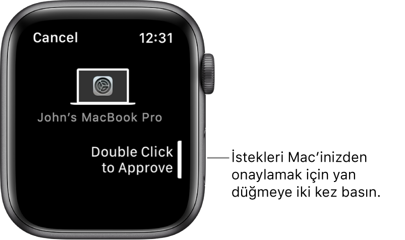 Apple Watch bir MacBook Pro’dan onay isteğini gösteriyor.