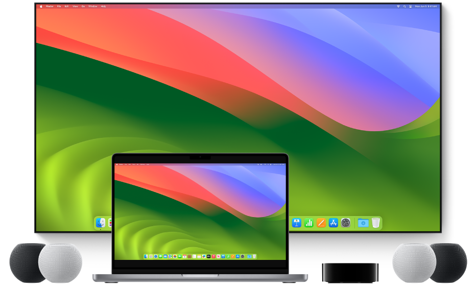 Комп’ютер Mac і пристрої, на які можна транслювати вміст через AirPlay, як-от Apple TV, два динаміка HomePod mini і смарт-телевізор.