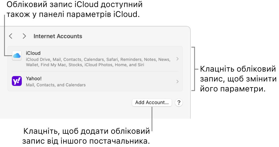 Параметри «Інтернет-записи» зі списком записів, налаштованих на комп’ютері Mac.