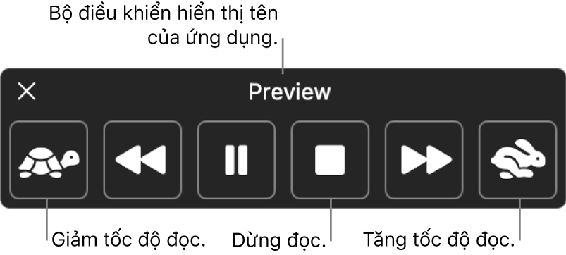 Bộ điều khiển trên màn hình có thể được hiển thị khi máy Mac của bạn đọc văn bản được chọn. Bộ điều khiển cung cấp 6 nút, từ trái sang phải, cho phép bạn giảm tốc độ đọc, lùi về phía sau một câu, phát và tạm dừng đọc, dừng đọc, tiến về phía trước một câu và tăng tốc độ đọc. Tên của ứng dụng được hiển thị ở đầu bộ điều khiển.