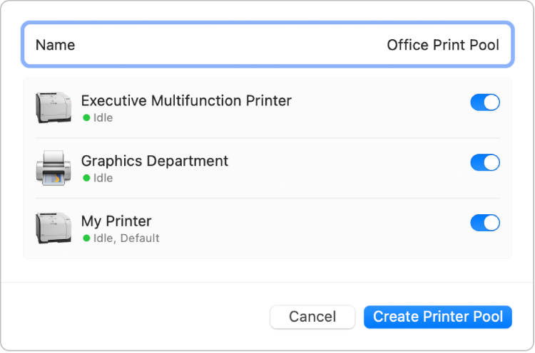 “创建打印机池”对话框，显示打印机池的名称栏、“打印机”列表中已选择的三台打印机以及“创建打印机池”按钮。