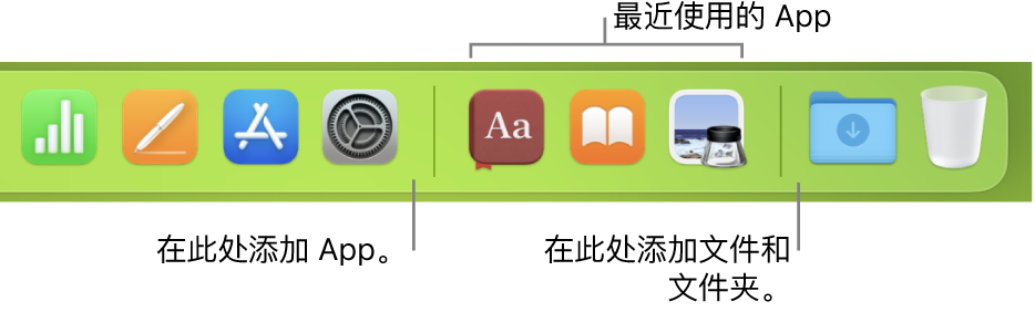 程序坞的右端显示最近使用的 App 部分前后的分隔线。
