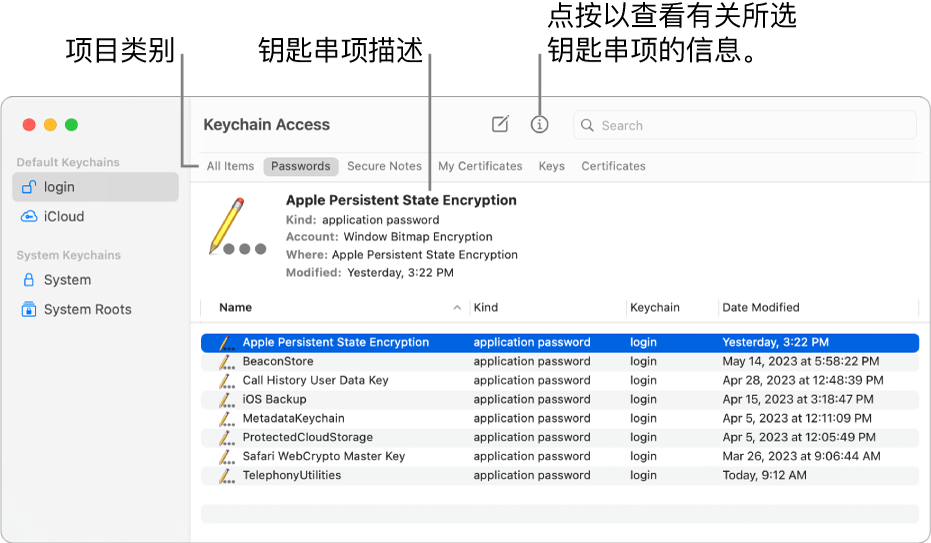 边栏显示钥匙串的“钥匙串访问”窗口。右侧显示所选登录钥匙串密码的描述。