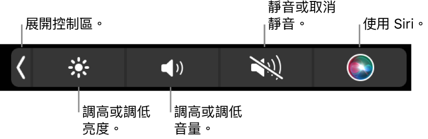 收合的控制區包括以下操作的按鈕：由左至右依序是展開控制區、增加或減少顯示器亮度和音量、靜音或解除靜音以及使用 Siri。