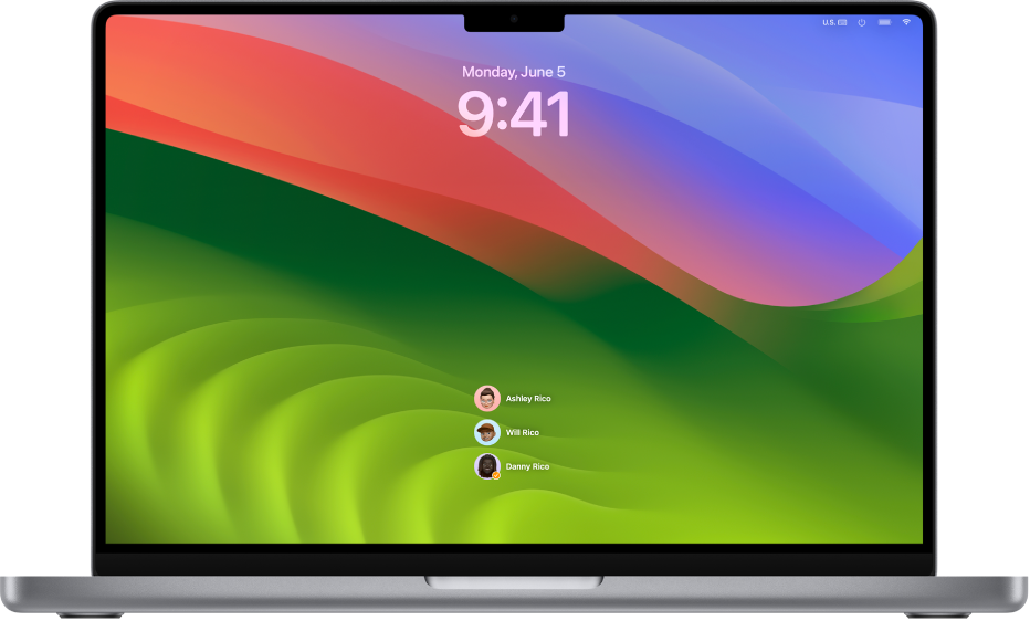Mac 桌面顯示在底部列出三個使用者帳號的「鎖定螢幕」。
