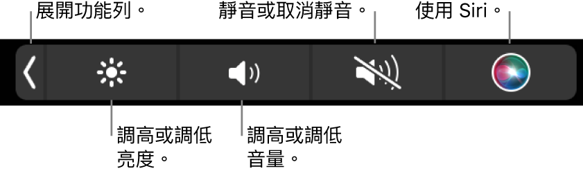 收合的功能列包含以下操作的按鈕：由左至右依序是展開功能列、增加或減少顯示器亮度和音量、靜音或取消靜音以及使用 Siri。