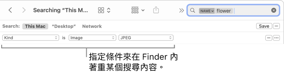 Finder 視窗，含有指定搜尋規則的欄位。