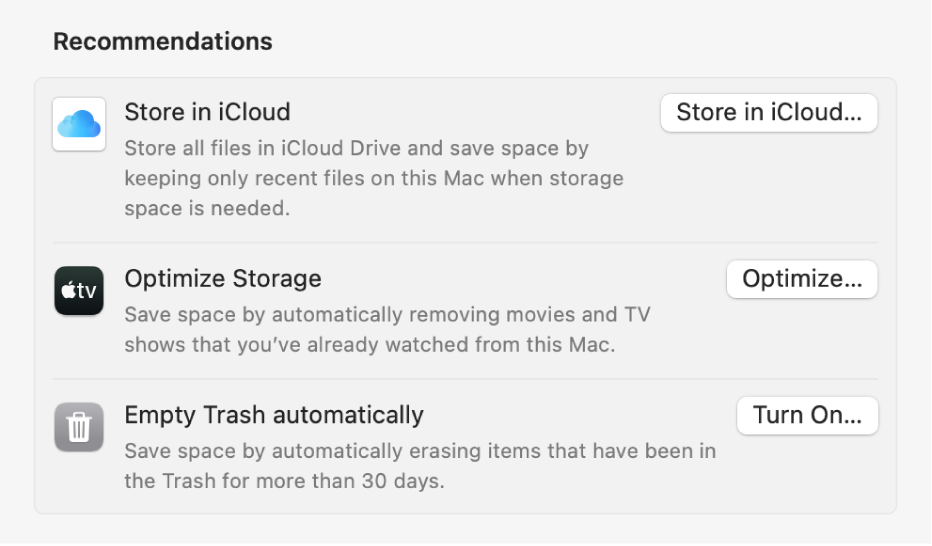 「儲存空間」設定中的「推薦」區域，顯示包含「儲存在 iCloud 中」、「自動清空垃圾桶」和「最佳化儲存空間」選項。