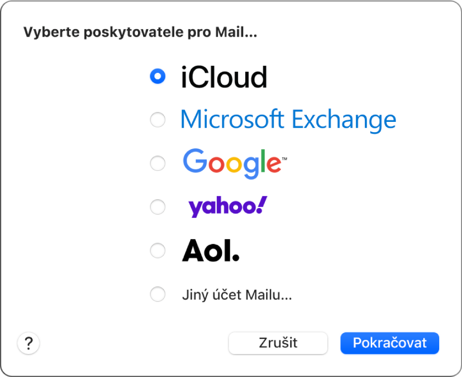 Okno aplikace Mail se zobrazeným dialogovým oknem účtu