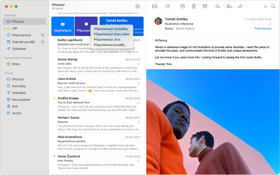 Okno Mailu s vybraným e‑mailem a zobrazeným dialogovým oknem Připomenout