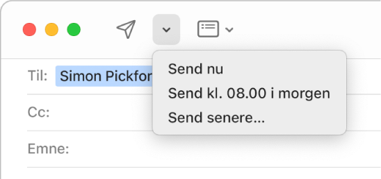 En menu i beskedvinduet, der viser forskellige indstillinger til at sende en e-mail – Send nu, Send kl. 8.00 i morgen og Send senere.