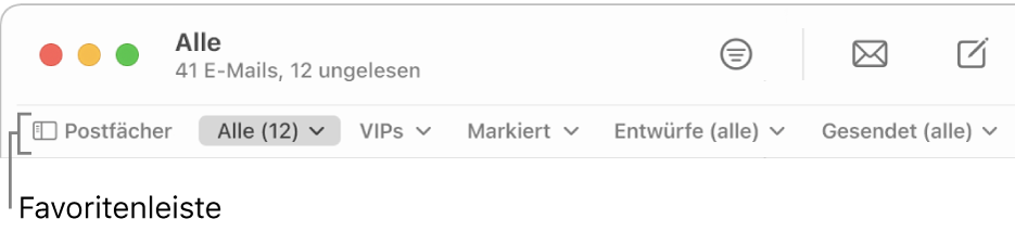 Die Favoritenleiste mit der Taste „Postfächer“ und Tasten für den Zugriff auf Favoriten-Postfächer wie „VIP“ oder „Markiert“.