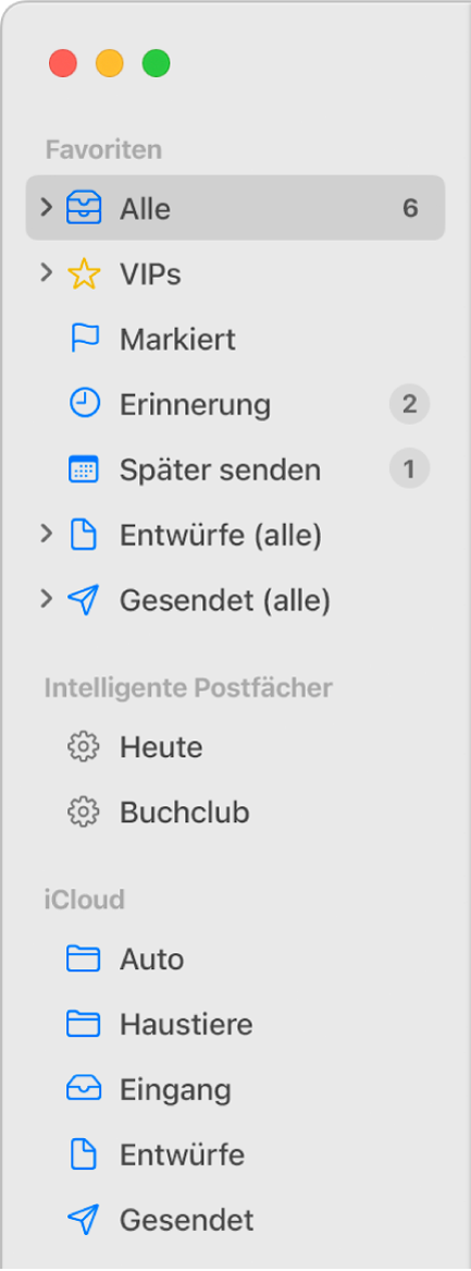 Die Seitenleiste von Mail mit Standardpostfächern (wie „Eingang“ und „Entwürfe“) oben in der Seitenleiste und von dir erstellten Postfächern in den Bereichen „Auf meinem Mac“ und „iCloud“.